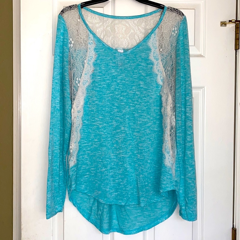 No Boundaries Long Sleeve V Neck Teal Shirt with Lace